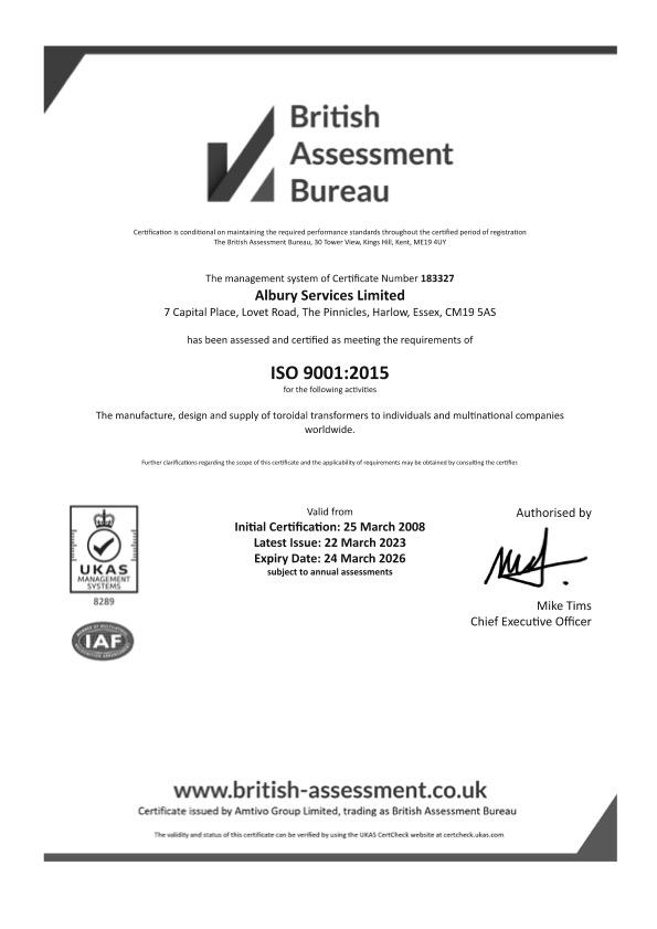 Airlink Transformers ISO 9001:2015 certificate